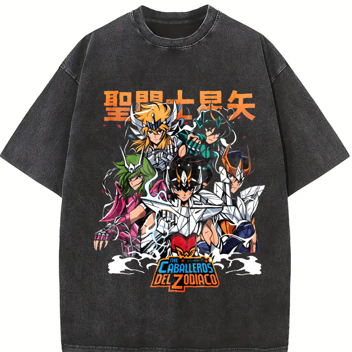 Saint Seiya short-sleeved classic nostalgic Japanese vintage washed oversized T-shirt in Black