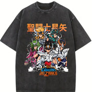 Saint Seiya short-sleeved classic nostalgic Japanese vintage washed oversized T-shirt in Black