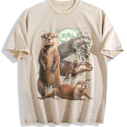 Otters 90s Retro Moon Animal Vintage Washed T-Shirt in Beige