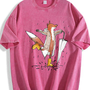 Fox in the Rain Fashionable Vintage Washed T-Shirt in Red