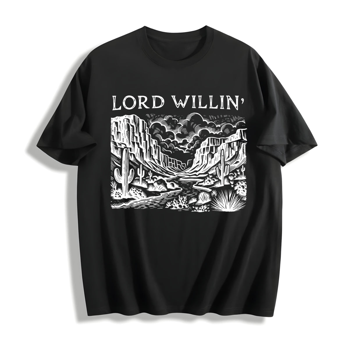 Lord Willin' and the Creek Don't Rise Western Christian Cotton T-Shirt in Black