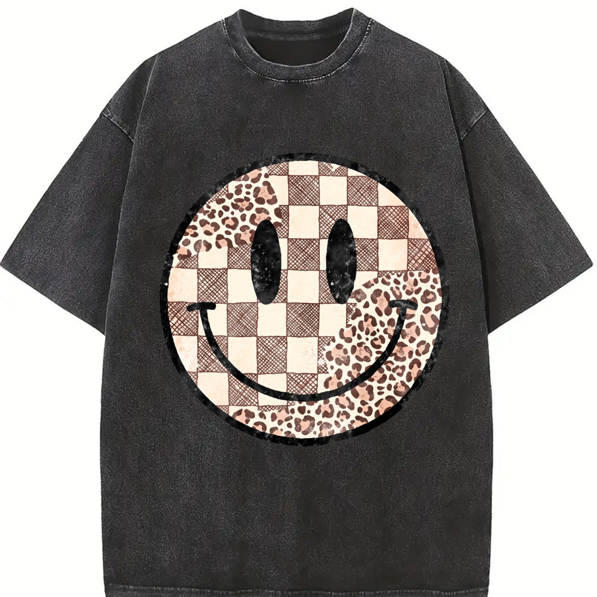 Retro Checkered Leopard Smiley vintage washed oversized T-shirt in Black