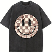 Retro Checkered Leopard Smiley vintage washed oversized T-shirt in Black