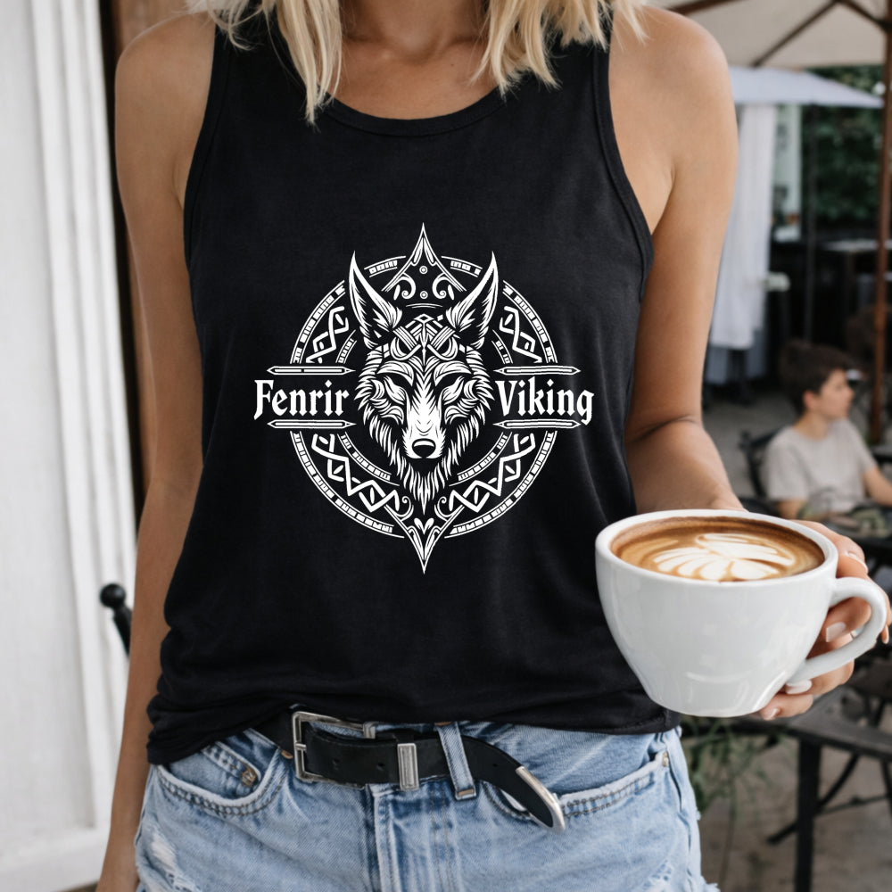 Fenrir Viking Wolf Symbol Crew-neck Sleeveless Vest Women's Color Cotton Tank Top in Black