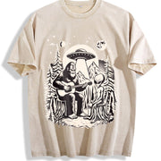 Bigfoot Playing Guitar with Alien and UFO 90s Vintage Washed T-Shirt in Beige