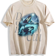 Two Orca Moon Ocean Mystical Orca Vintage Washed T-Shirt in Beige