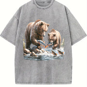 Bears 90s Retro Bear Fishing Wildlife Vintage Washed T-Shirt in Gray