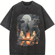 Teacher Halloween Ghost Book Reading Camping Vintage Washed T-Shirt in Black