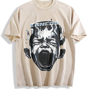 Screaming Face Flame Tank Vintage Washed T-Shirt in Beige