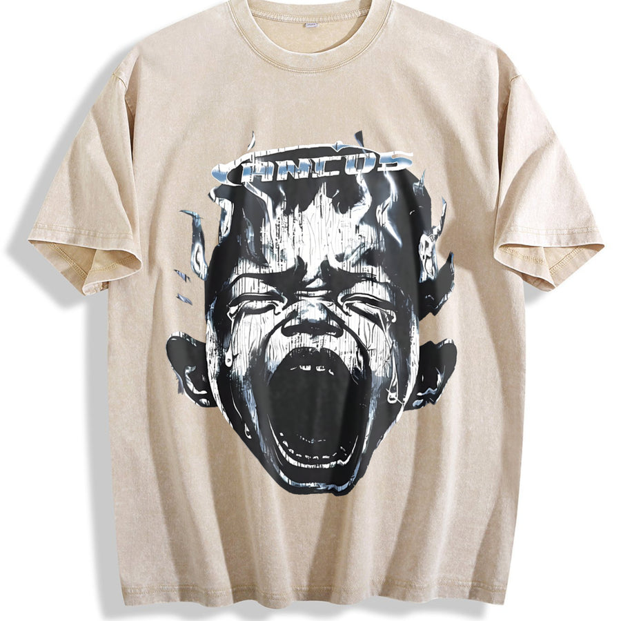 Screaming Face Flame Tank Vintage Washed T-Shirt in Beige