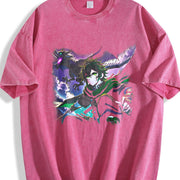 Anime X Dragon Halftone Vintage Washed T-Shirt in Red