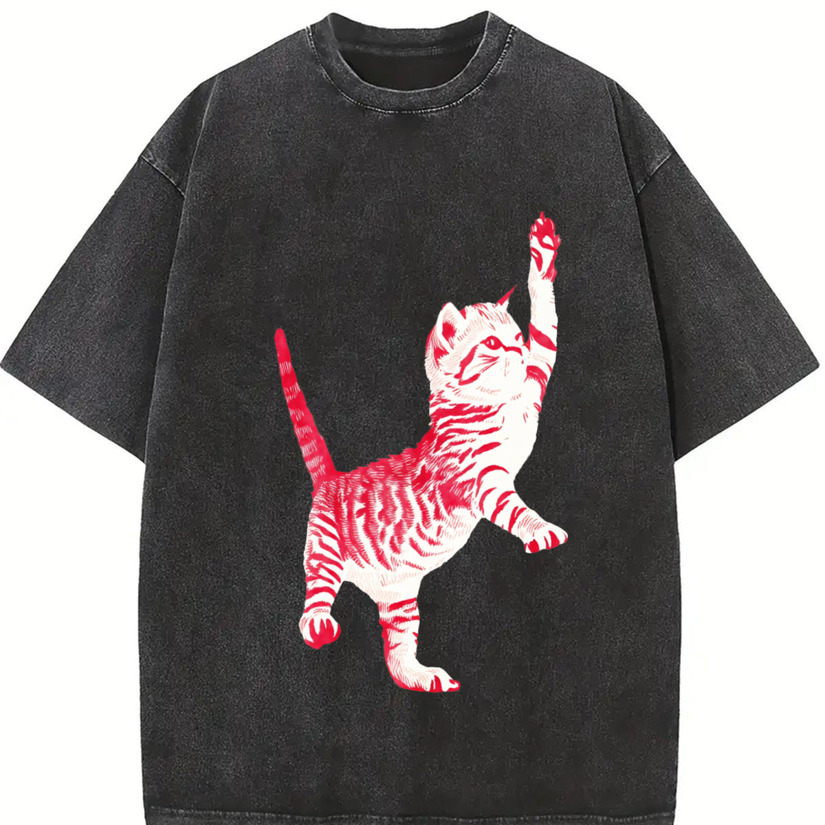 Playful Cat Retro 90s Cute Feline Vintage Washed T-Shirt in Black