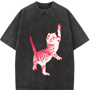 Playful Cat Retro 90s Cute Feline Vintage Washed T-Shirt in Black