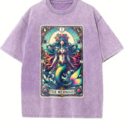 Tarot Skeleton Mermaid Tarot Card Skull Dog Mom Tarot Cat vintage washed oversized T-shirt in Purple