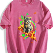 Cat Meme Pizza Galaxy Vintage Washed T-Shirt in Red