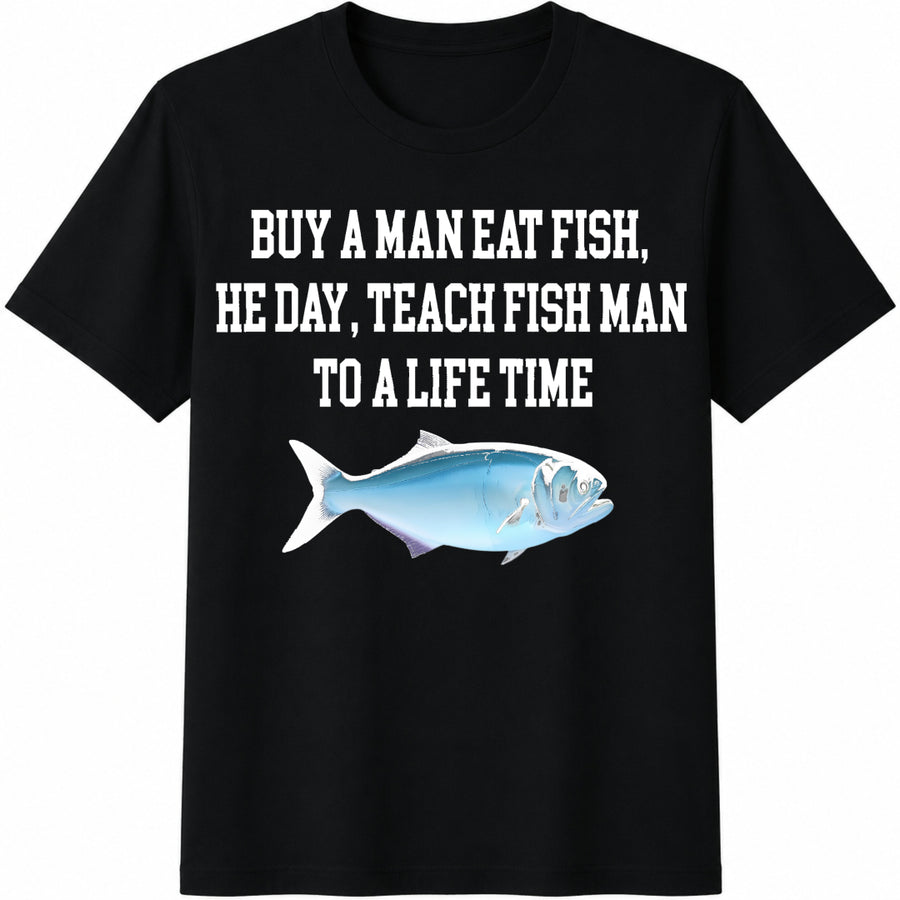 Buy a Man Eat Fish Meme Cotton T-Shirt in Black