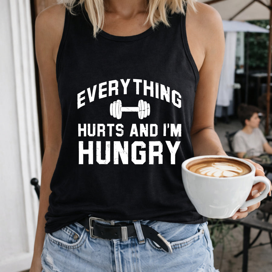 Everything Hurts and I'm Hungry Women's Color Cotton Tank Top in Black