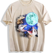 Three Possums Howling at Moon Vinatge Vintage Washed T-Shirt in Beige