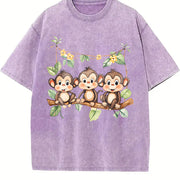 With Three Monkeys on Branch Yellow Flowers and Green Vintage Washed T-Shirt in Purple