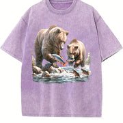 Bears 90s Retro Bear Fishing Wildlife Vintage Washed T-Shirt in Purple