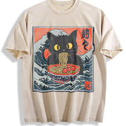 Retro Cat Eating Ramen 90s Vintage Washed T-Shirt in Beige
