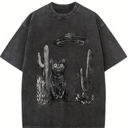 Retro UFO Desert Cat 90s Vintage Washed T-Shirt in Black