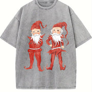 Retro Christmas Elves Teenager Vintage Washed T-Shirt in Gray