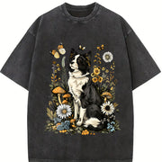 Dog Short-sleeve Blouse with Cute Puppy & Canine Patterns Vintage Washed T-Shirt in Black