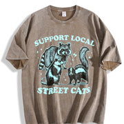 Retro Raccoon Support Local Street Cats 90's Vintage Washed T-Shirt in Brown