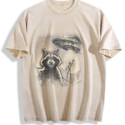 Raccoon Ufo Selfie 90s Vintage Washed T-Shirt in Beige