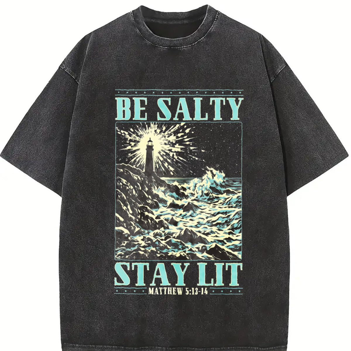 Inspirational for a with a Lighthouse and Ocean Waves Vintage Washed T-Shirt in Black
