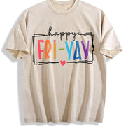 Ladies' a Round-neck Short-sleeve with 'Friyay' Vintage Washed T-Shirt in Beige