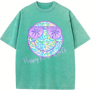 Purple Leopard Smiley Cute Beach Swimsuit Cover Up vintage washed oversized T-shirt in Blue