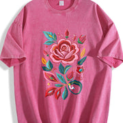 Bohemian Floral Imitation Embroidery Vintage Washed T-Shirt in Red