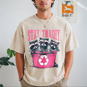 Stay Trashy Black with Pink Raccoon & Bin Vintage Washed T-Shirt in Beige