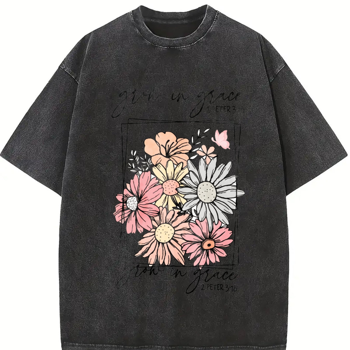 Grow in Grace 2 Peter 3:18 Floral Vintage Washed T-Shirt in Black