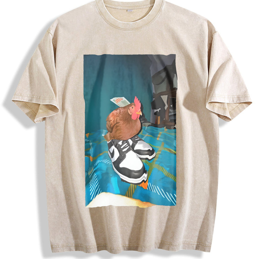Dripped Out Chicken with shoes chicken vintage washed oversized T-shirt in Beige
