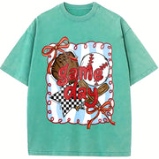 Baseball Game Day Coquette Bow Baseball Mama Vintage Washed T-Shirt in Blue