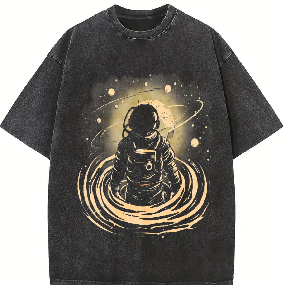 Retro Astronaut in the Space Vintage Washed T-Shirt in Black