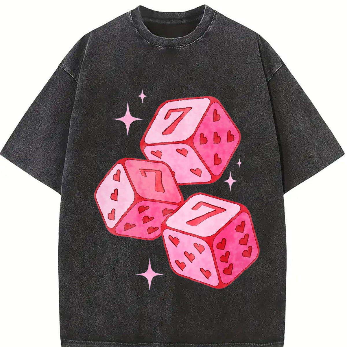Pink Lucky 7 Dice Vintage Washed T-Shirt in Black