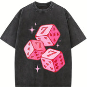Pink Lucky 7 Dice Vintage Washed T-Shirt in Black