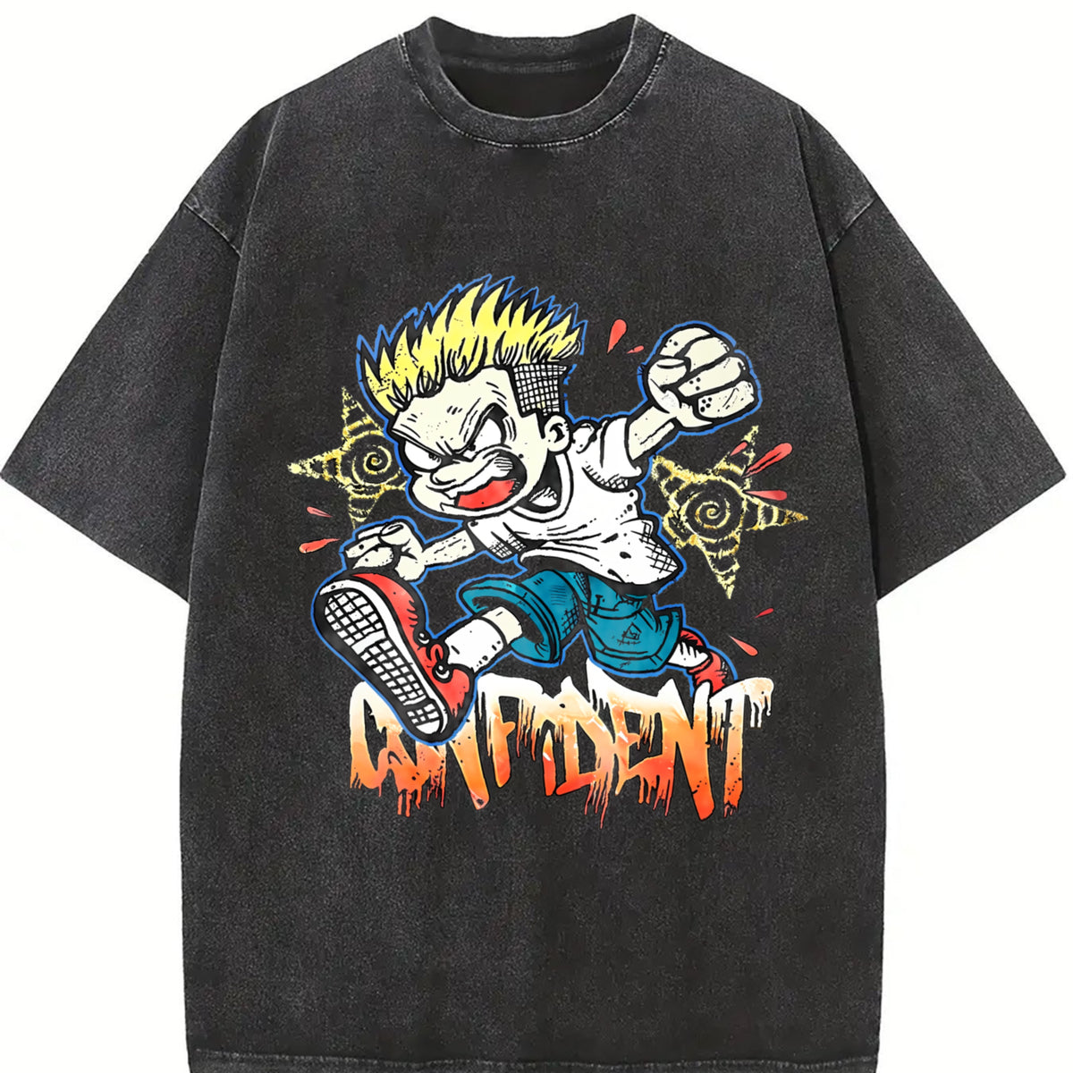 Cartoon Confident Tank Vintage Washed T-Shirt in Black