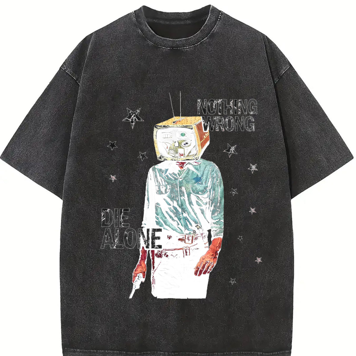 TV Head Cowboy Die Alone White Retro Grunge Vintage Washed T-Shirt in Black