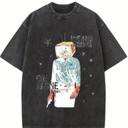 TV Head Cowboy Die Alone White Retro Grunge Vintage Washed T-Shirt in Black