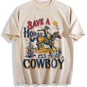 Save a Horse Ride a Cowboy Vintage Washed T-Shirt in Beige