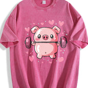 Cute Pig Lifting Barbell Heart Vintage Washed T-Shirt in Red