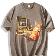 Office Cat Working at Computer Meme DTG Vintage Washed T-Shirt in Brown