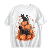 Halloween Holiday Costume Pumpkin Tower with Cat One-piece Cotton T-Shirt in White
