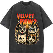 Velvet Pawz Cat Rock Band Vintage Washed T-Shirt in Black