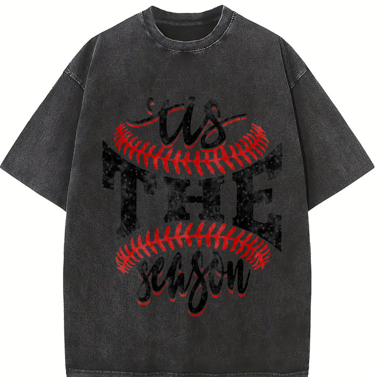 Sports Game Day Faux Glitter Tis the Season Baseball Vintage Washed T-Shirt in Black